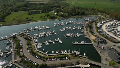 Drone-footage-of-Kaløvig-boat-guild,-Egå-Marina