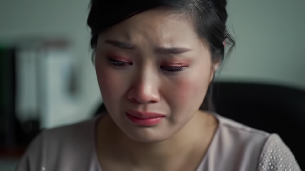A woman in an office setting is visibly emotional while wiping her tears with a tissue. She appears to be engaged in a serious conversation, reflecting a moment of vulnerability and authenticity.
