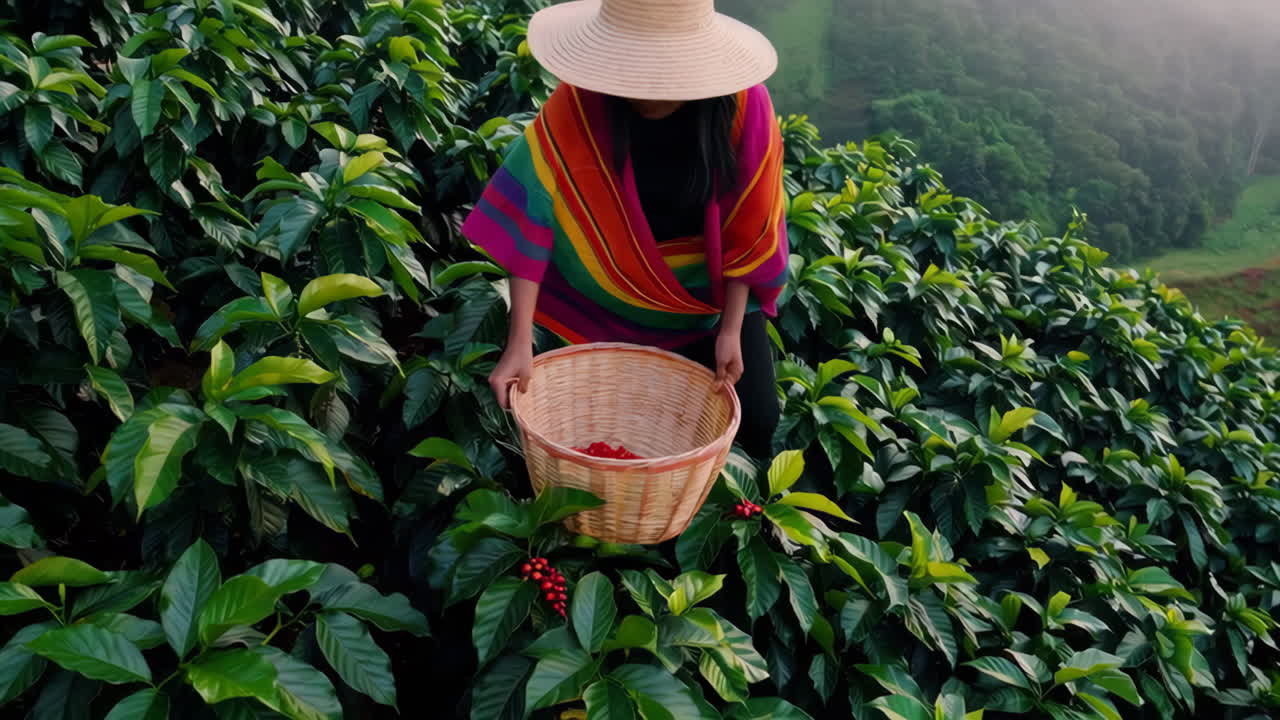 Mulher colhendo grãos de café em uma plantação na montanha