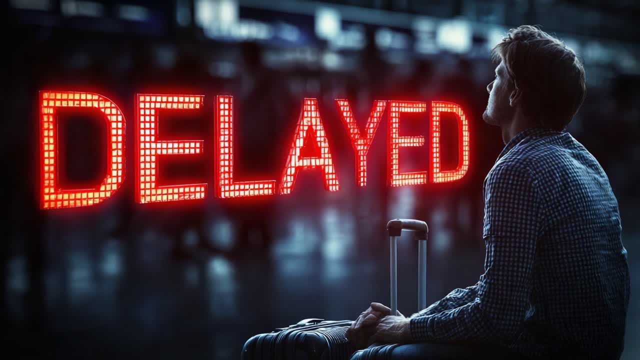 A Traveler's Frustration: Waiting at the Airport with a Digital Sign Displaying 'DELAYED' as Time Passes and Travel Plans Disrupt