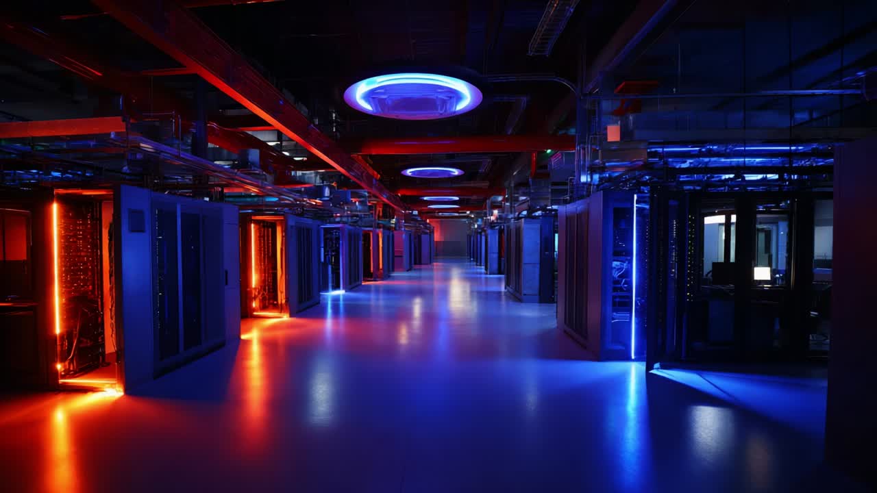 A panoramic view of a modern data center showcasing advanced technology with illuminated server racks, blue and orange lights accentuating the sleek design, enabling efficient data processing and storage