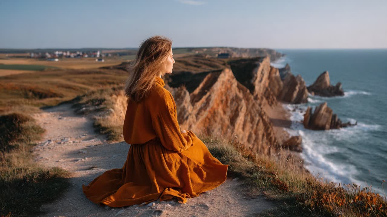 A Serene Moment on the Clifftop: A Young Woman in a Flowing Orange Dress Sits Contemplatively Overlooking the Dramatic Ocean Landscape and Rugged Cliffs at Sunset