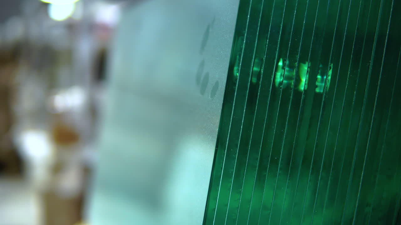 Close Up Of Stacked Glass Panes. Pan Down