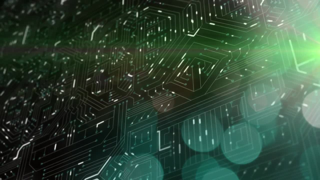 animación del procesamiento de datos en una placa de circuito luminoso de computadora