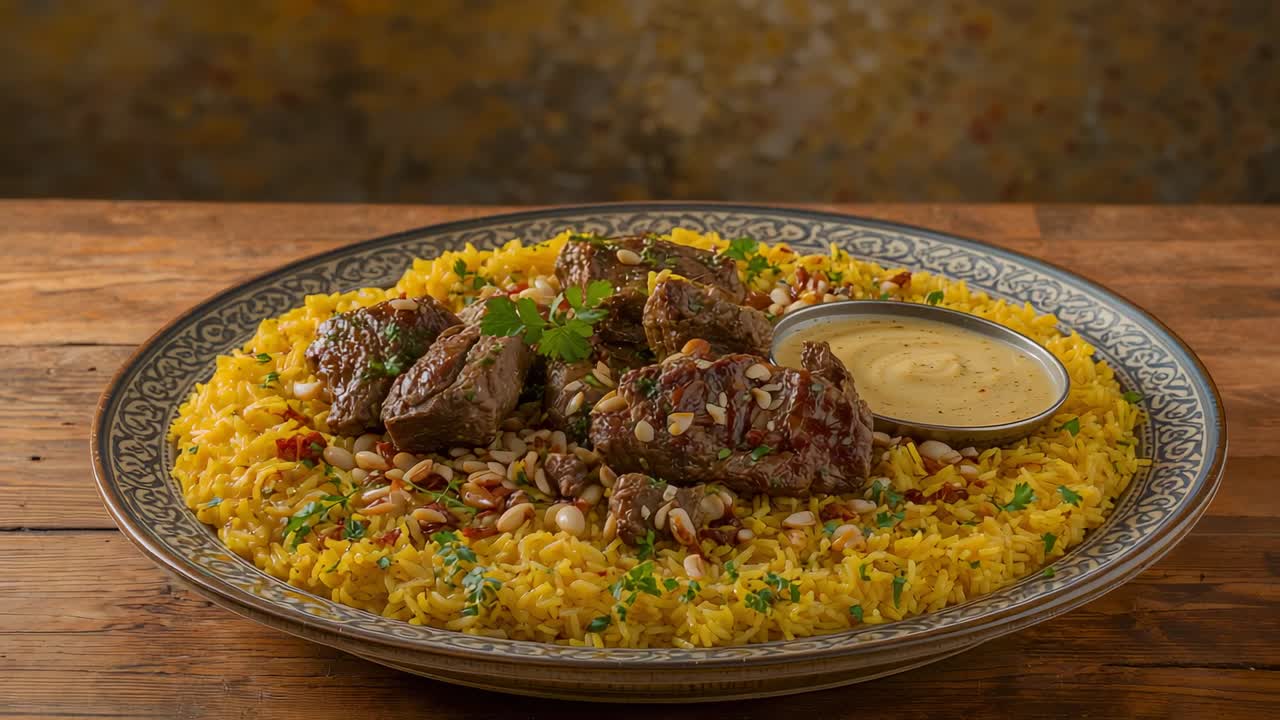 Reencuadrar la cámara capturando una fuente ornamentada sobre una mesa de madera, resaltando el arroz amarillo y la carne con nueces