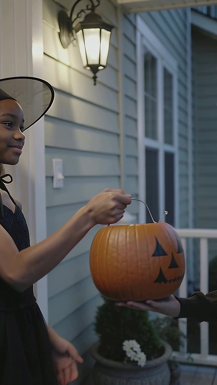 Vertical video: Getting kid in witch hat with pumpkin bucket on porch hand placing candy