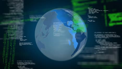 animation of computer language and rotating globe over blue background