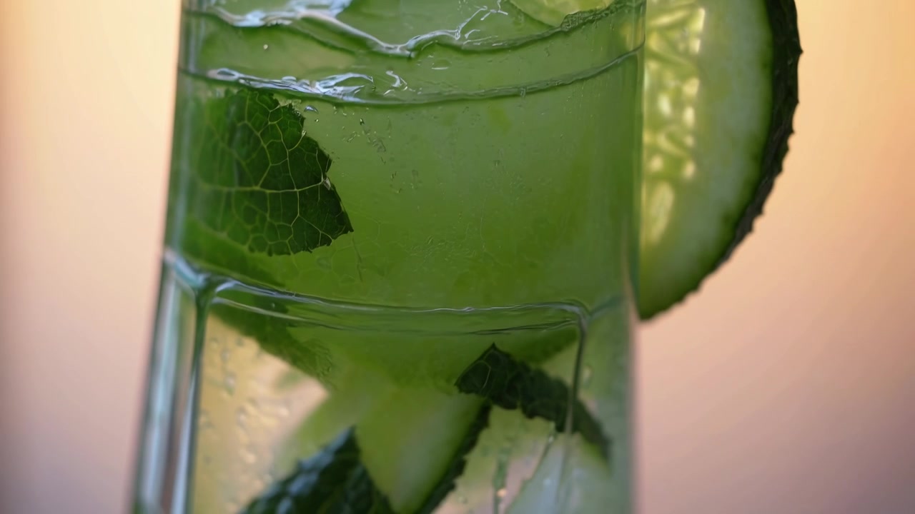Virkistävä kurkku- ja minttudetox-juoma jääpalojen kera