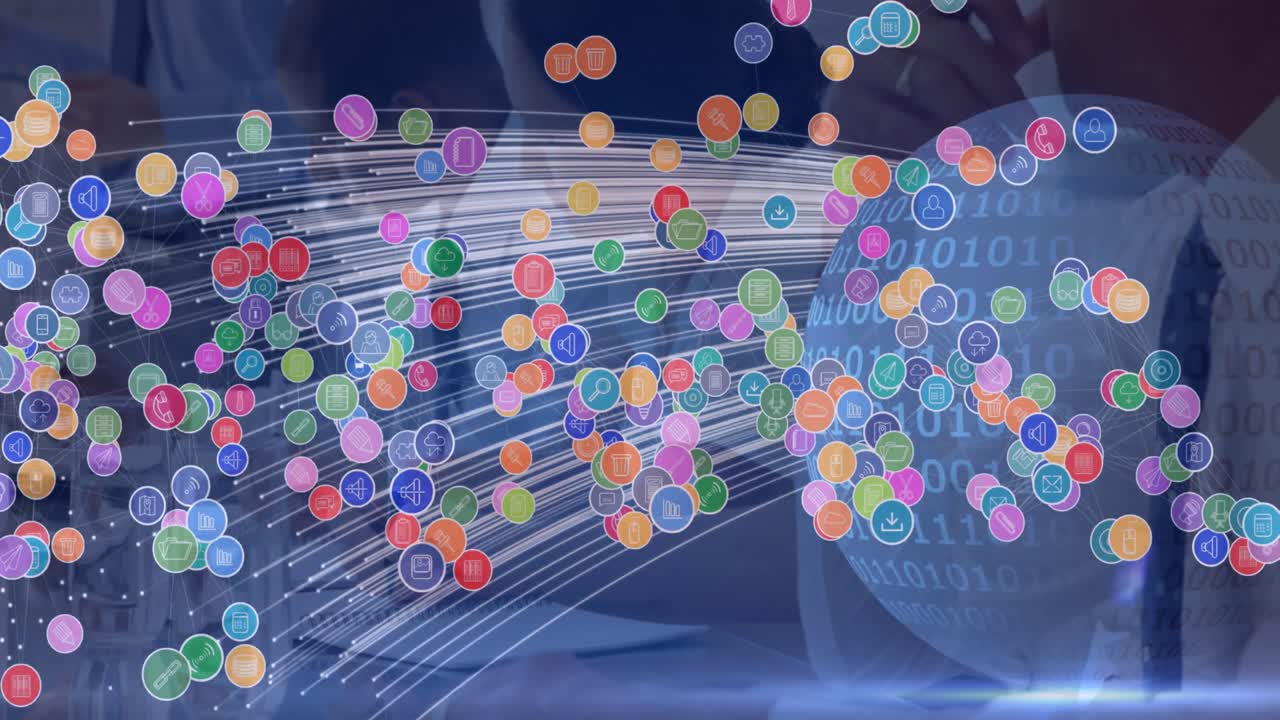 아이콘, 글로브 및 바이너리 코딩으로 연결된 네트워크의 애니메이션 비즈니스 사람들
