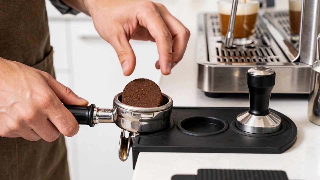 Uomo con grembiule marrone che raccoglie il disco di caffè, lo posiziona e lo assesta nel cestello del portafiltro, preparando l'espresso.