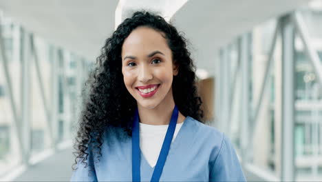 hospital, nurse and face of happy woman with smile