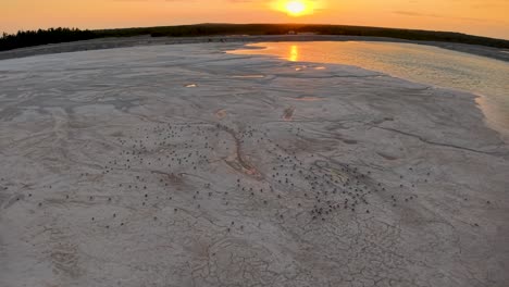 aerial drone view of a barren sandy landscape with the sun setting over the horizon in the distance