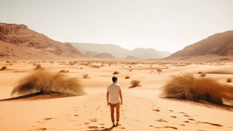 young male tourist walking alone in wadi rum desert in jordan exploring beautiful landscape with sandstone mountains and orange sand dunes during sunny summer day