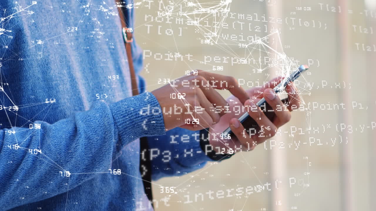 animación del procesamiento de datos financieros sobre un empresario caucásico que usa un teléfono inteligente