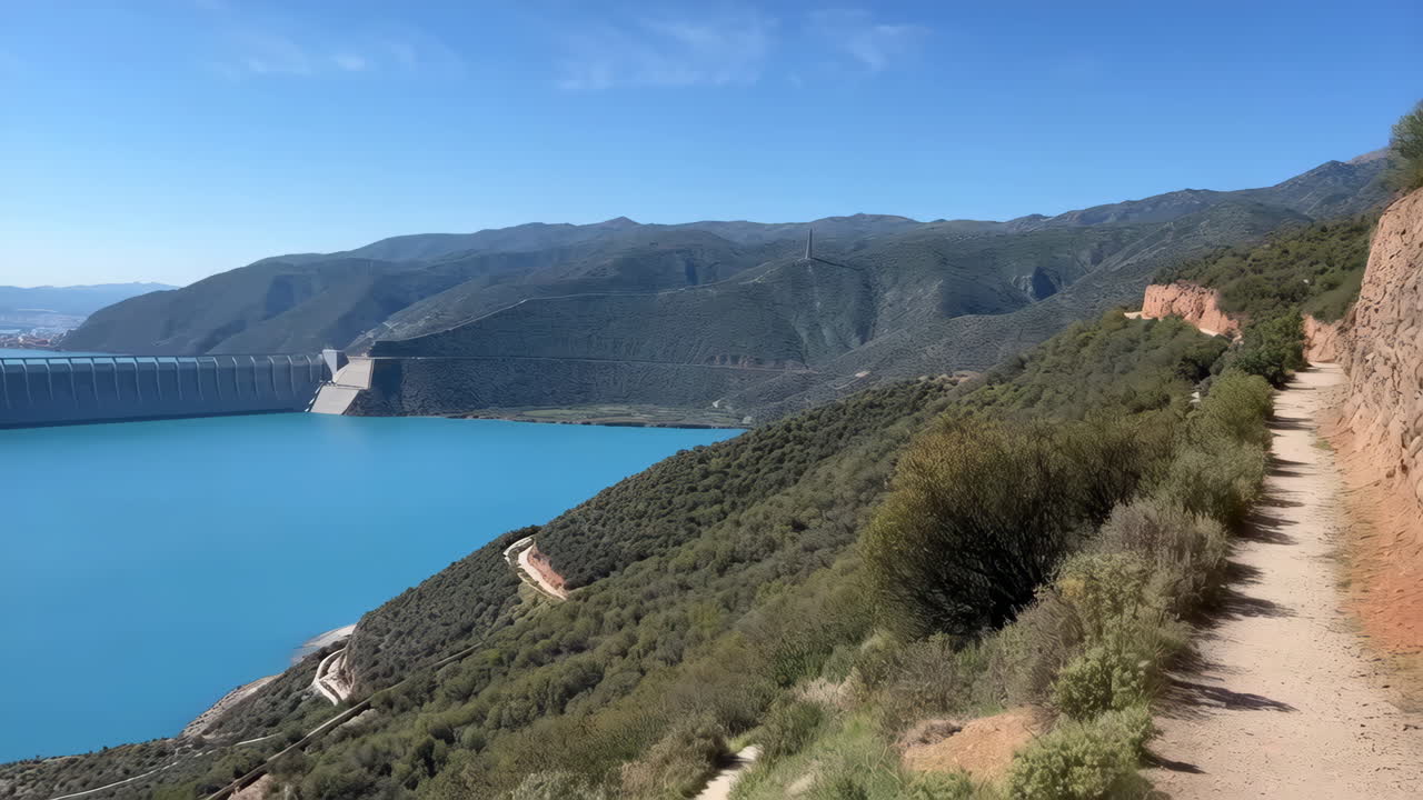 Panoramic View of a Massive Dam and Azure Reservoir Nestled Among Mountains