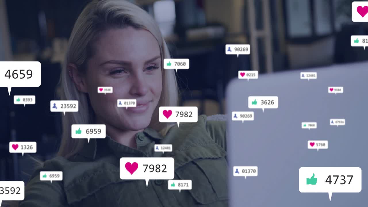 woman tracking social media metrics on laptop with appearing heart thumbs-up icons rising falling
