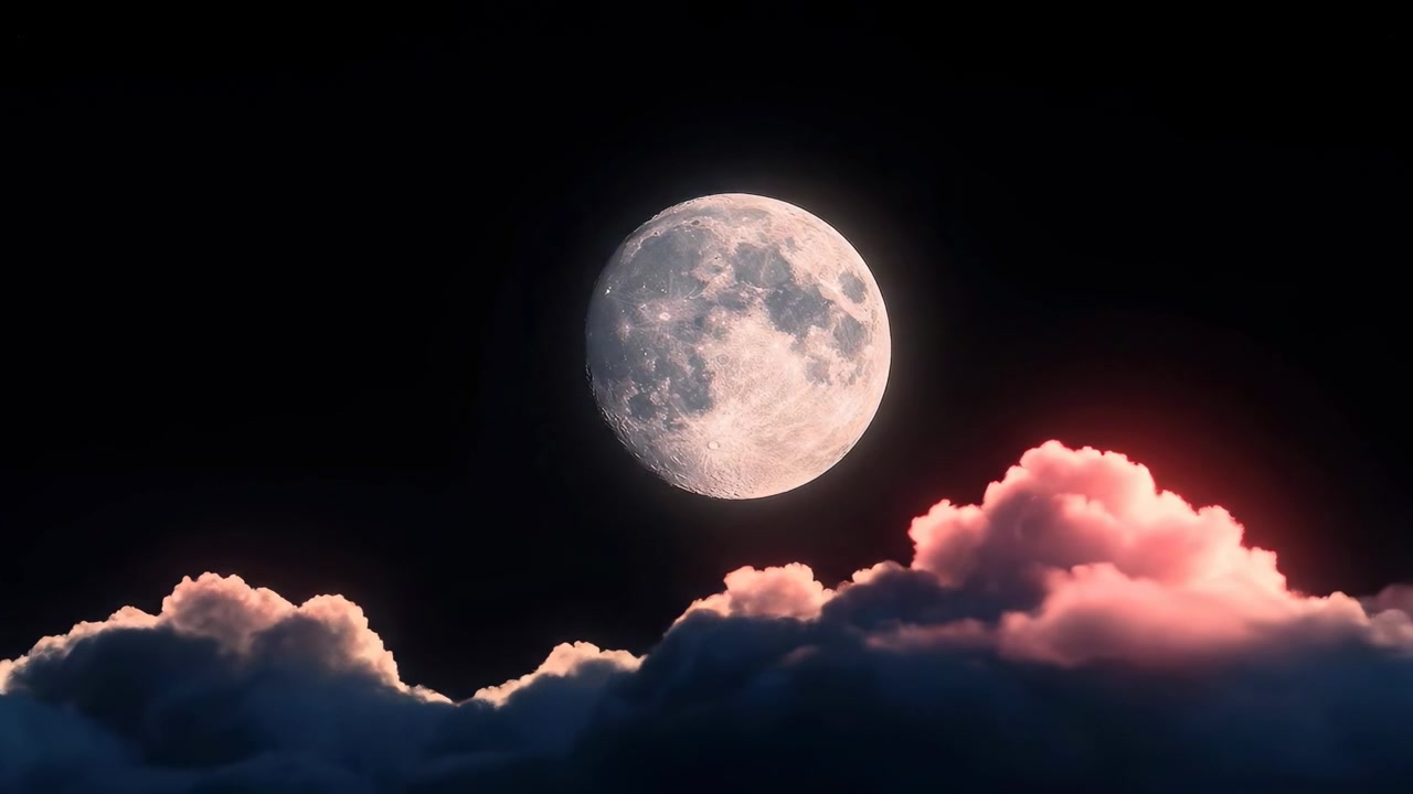 Luna llena brillante sobre nubes iluminadas en el cielo nocturno
