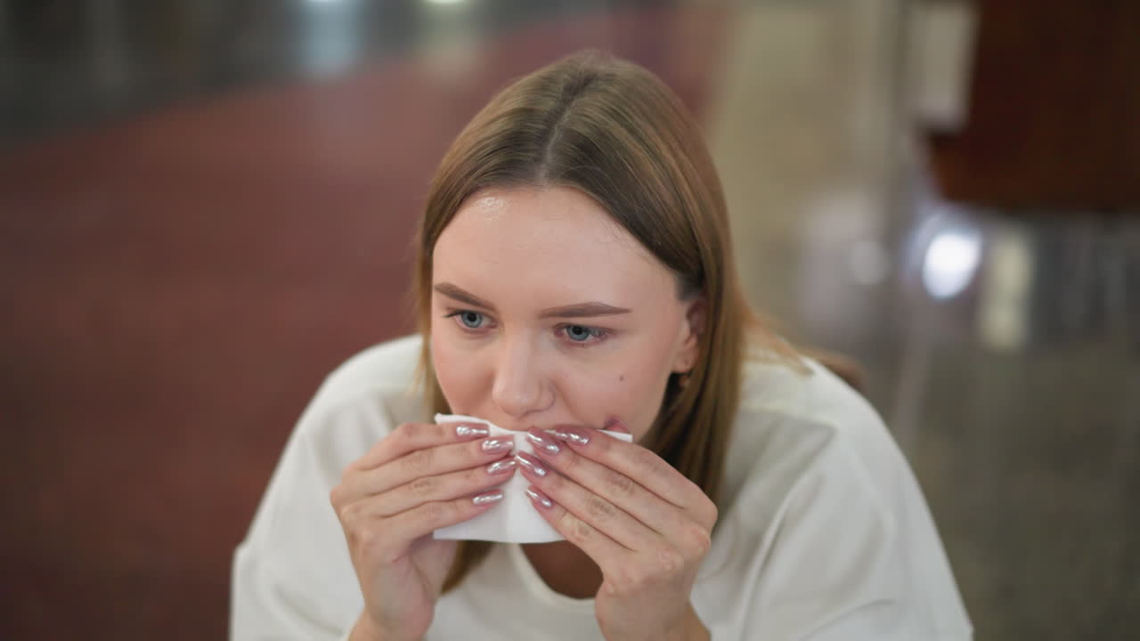 mujer joven sentada sola en la mesa en el centro comercial, limpiando la boca con papel de pañuelo, fondo borroso suave que muestra luces coloridas que se reflejan desde el suelo