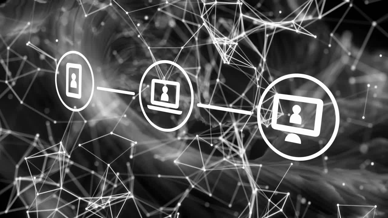 Animation of network of connections with icons over white shapes on black background