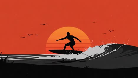 dramatic sunset surfing scene captured in two frames, showcasing a surfer riding waves against a stunning orange horizon with birds in flight