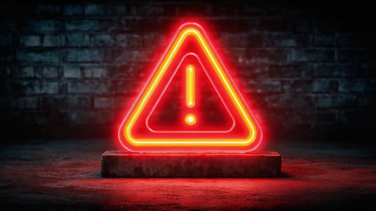 Illuminated Warning Sign in Neon Glow: Attention-Grabbing Hazard Symbol with Exclamation Mark, Signifying Caution and Danger in a Dark Environment