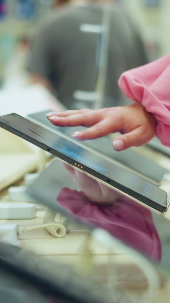 mano en vestido rosa interactuando con una tableta en un soporte de exhibición en una tienda de tecnología brillante, la pantalla está siendo operada mientras el dispositivo se sienta en un soporte elegante, con una vista borrosa de otra persona