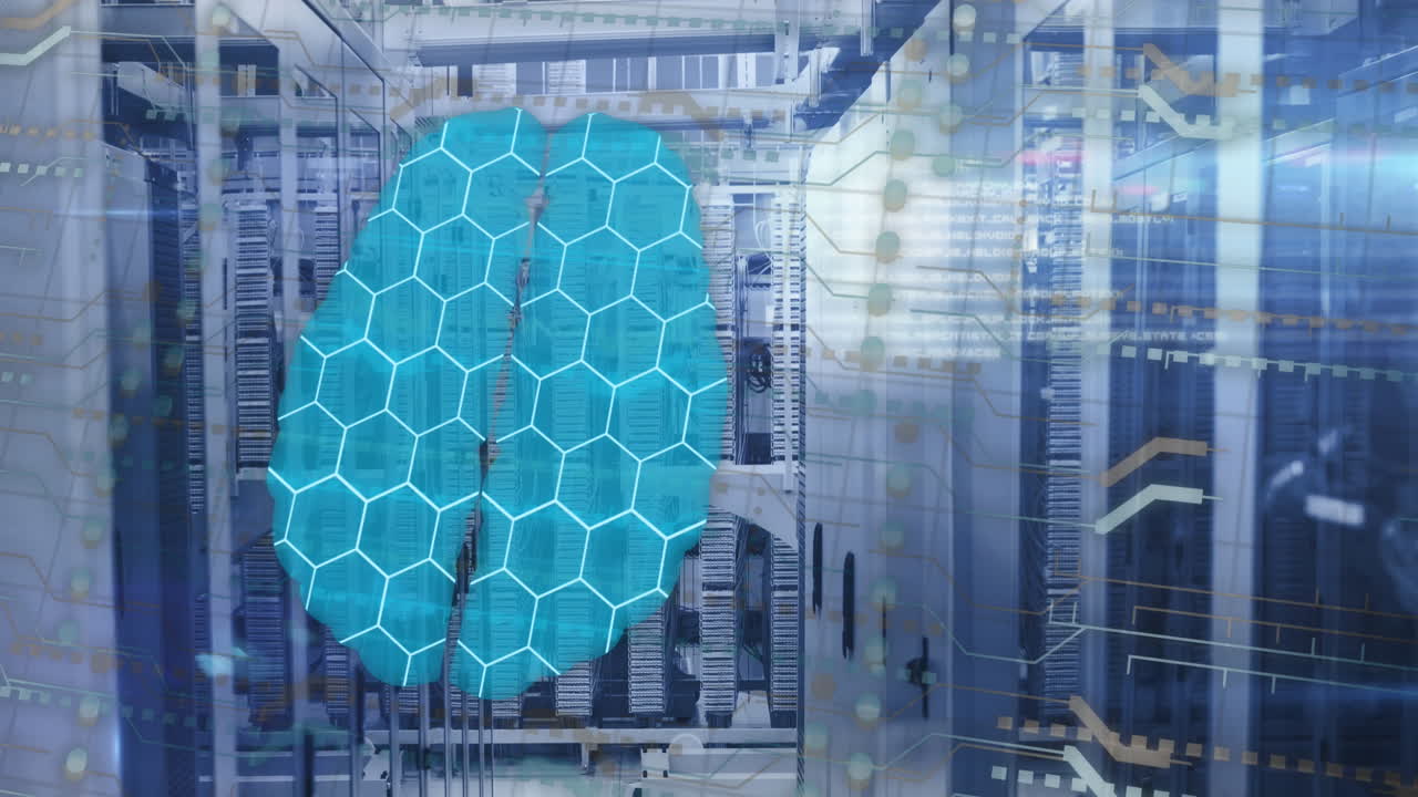 Animation of human brain, connections and data processing over circuit board and servers