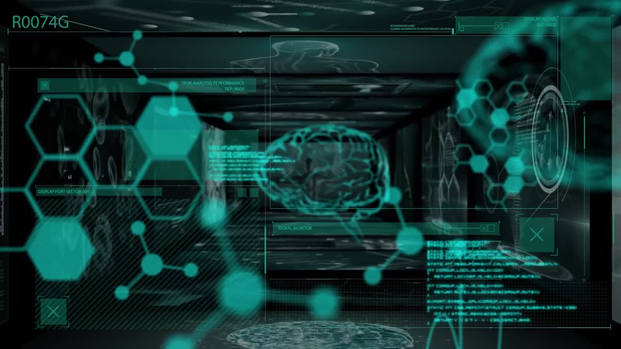 초록색과 검은색 배경에 있는 육각형의 애니메이션, 두뇌 및 데이터 처리