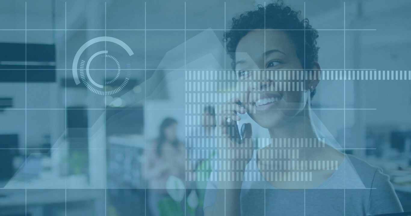 Animation of financial data processing over woman using smartphone in office
