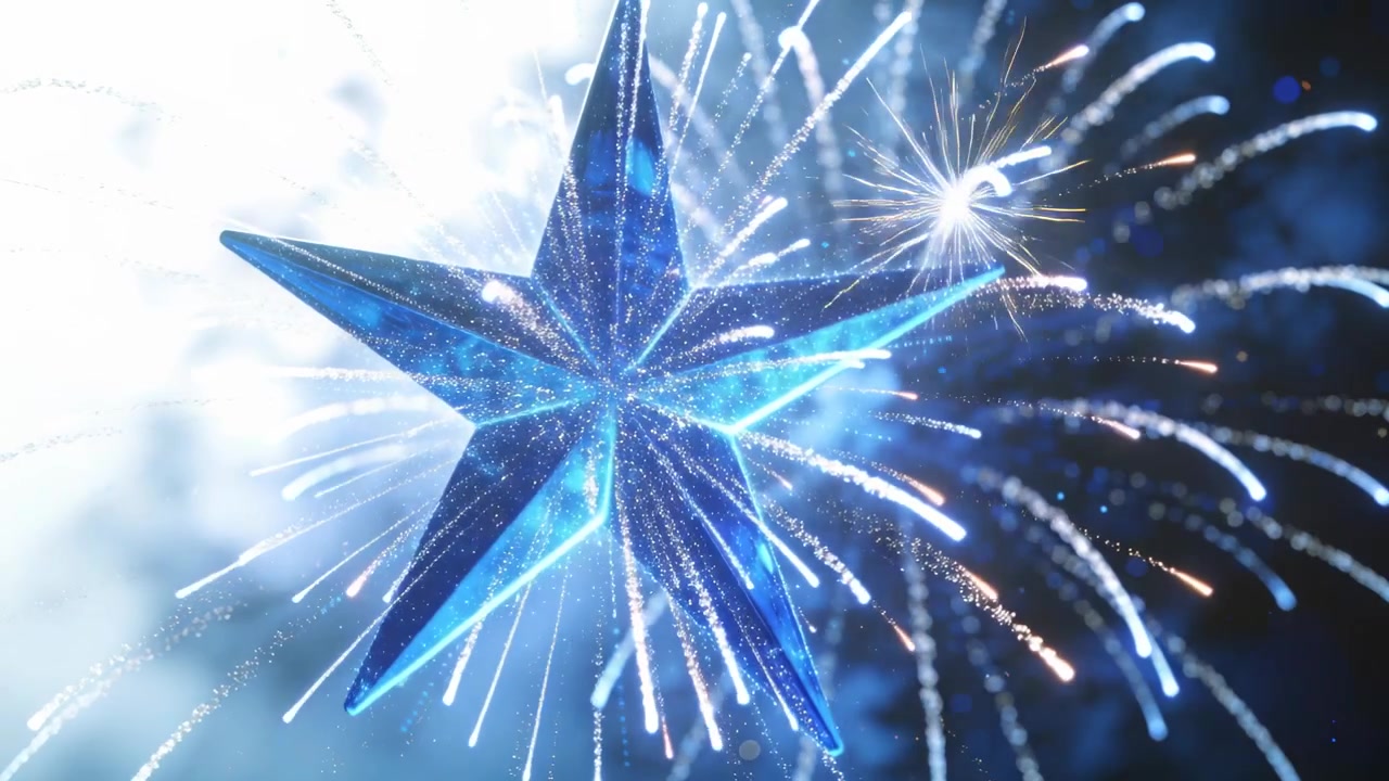 Ein rotierender blauer, facettierter 3D-Stern fängt Funken und leuchtet auf einer dunklen Bühne, während sich ein Feuerwerk ausbreitet.