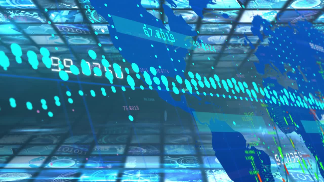 Turquoise waveform moving right while blue map sweeping in, causing number overlays showing data