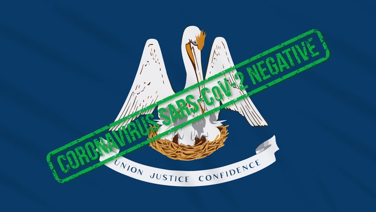 미국 루이지애나 주 (louisiana state) 는 코로나 바이러스로부터의 자유의 녹색 스프를 가진 발을 흔들고 있습니다.