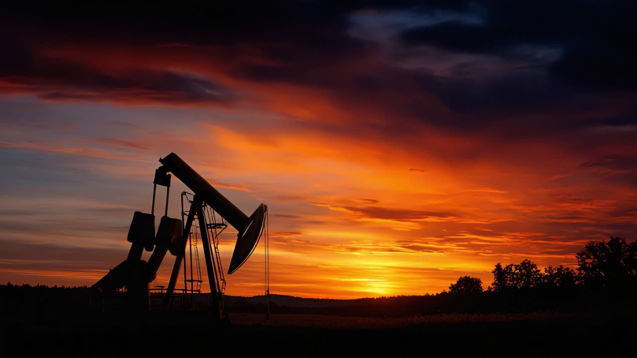 Stunning Sunset Over Pumpjack: Captivating Silhouette of an Oil Extraction Rig Against a Vibrant Sky Filled with Rich Hues of Orange, Purple, and Blue