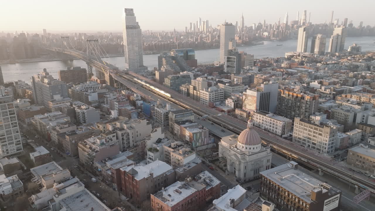 Drone shot of the subway in Brooklyn. Shot in Williamsburg at sunset