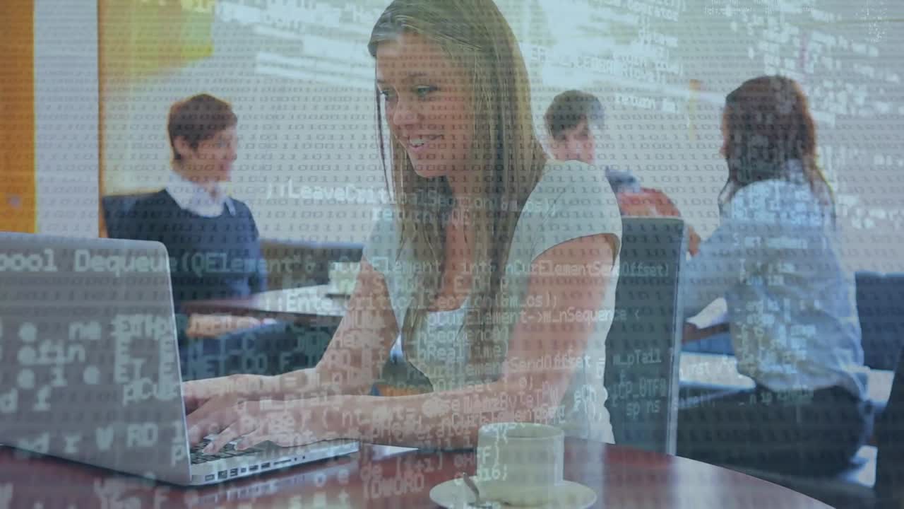 Animation of data processing over caucasian business people in office