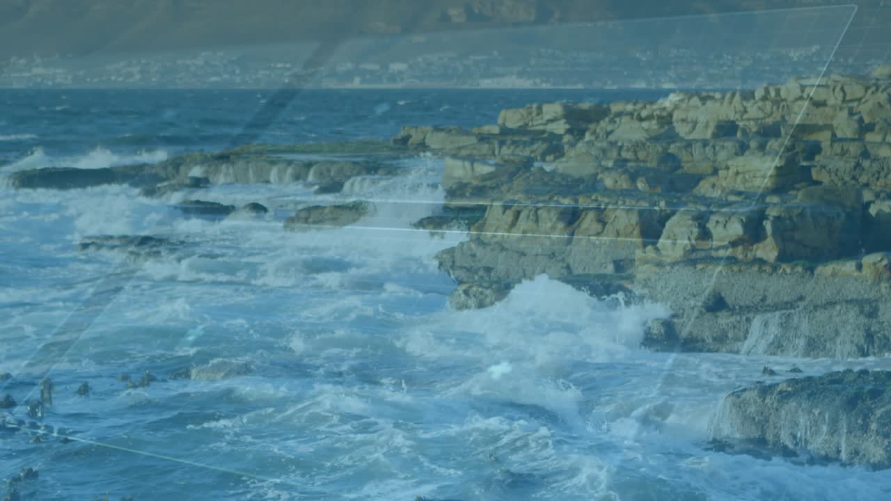 Waves lapping grid flickering, lens scanning coastline, swell crashing overlays pulsing, fading