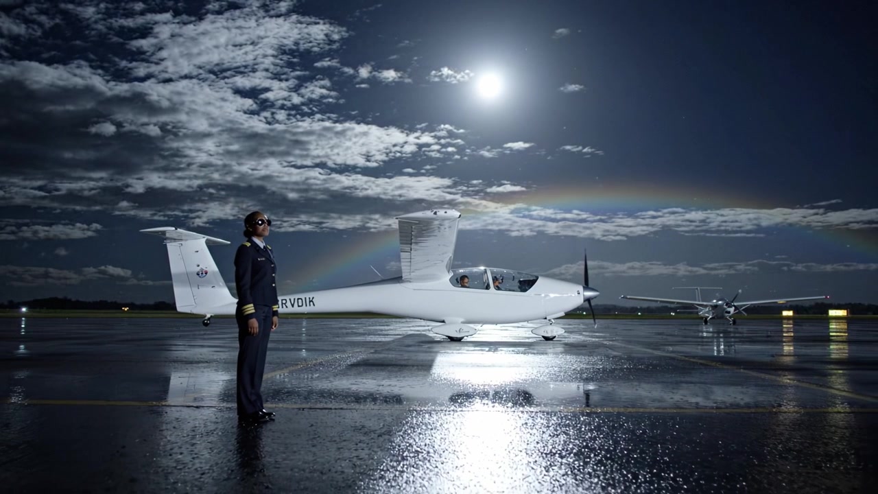 Pilot Standing Proudly Next to Light Aircraft Under Moonlit Sky with Rainbow Overhead, Capturing a Moment of Aviation Excellence and Serenity on Wet Runway
