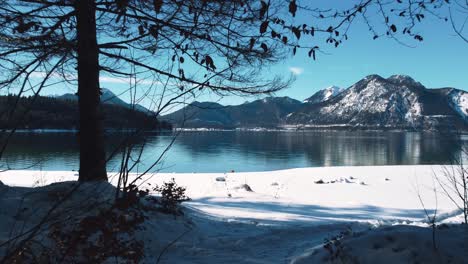 snow beach at lake walchensee in bavaria, south germany in the alps mountains close to austria