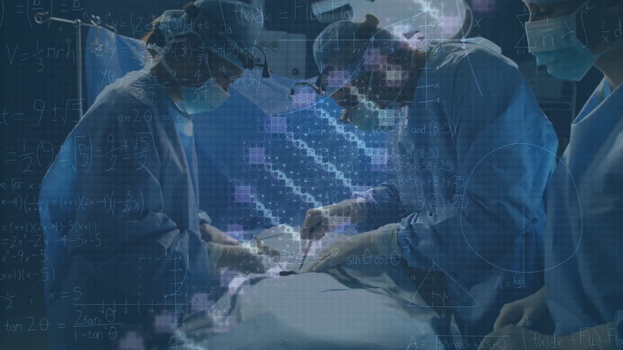 수술 중에 다양한 외과 의사에게 회전하는 dna의 anputtingimation