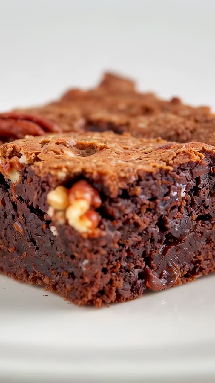 Vertikal video: Kamera trekker fokus på brownie i studio, og avslører pekannøtt og klissete drypp