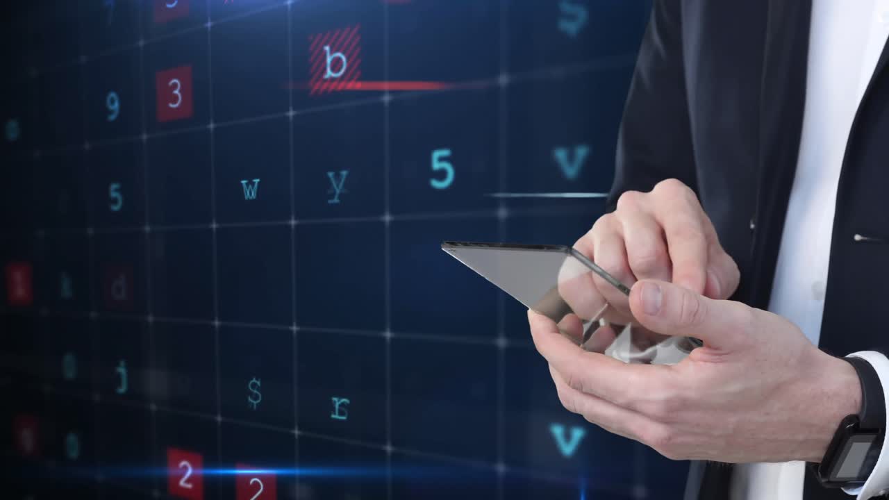 데이터와 숫자 플로아와 함께 투명한 화면을 만지는 백인 남자의 중간 섹션의 애니메이션