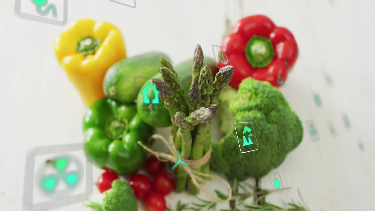 Green icons fading into view, drifting around asparagus bundle, highlighting sustainable growth