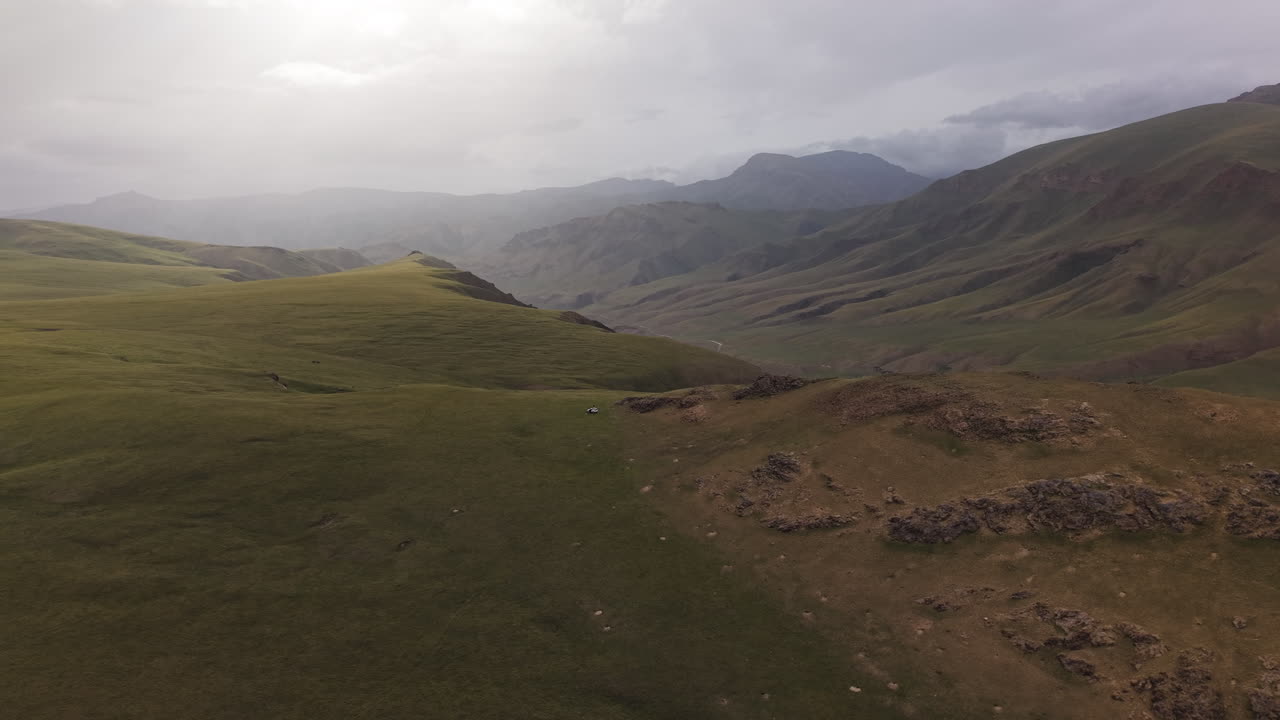 Mountainous Kyrgyzstan Landscape On A Misty Day - Aerial Drone Shot