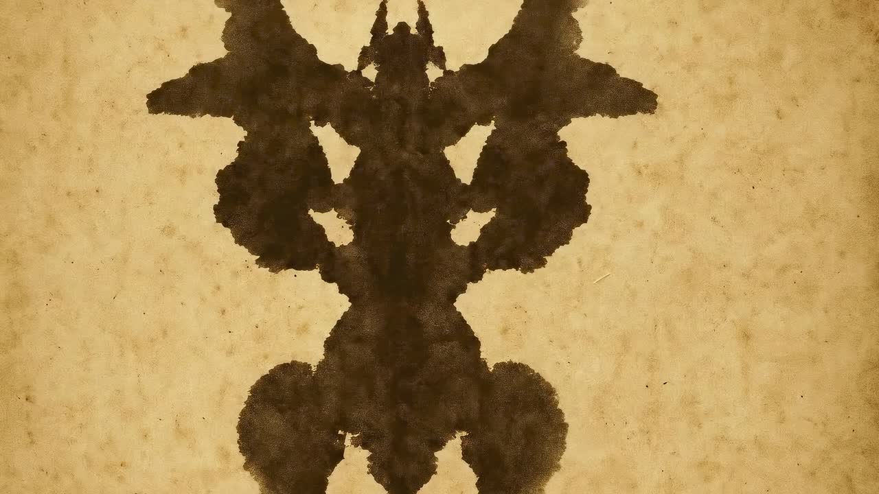 Abstrakt blækklatvideo med fugleperspektiv, der viser symmetriske mønstre på ældet papir