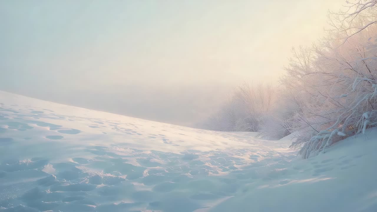 Warming sunrise light revealing snowy slope at hill, highlighting frosted shrubs, tracks, mist bank