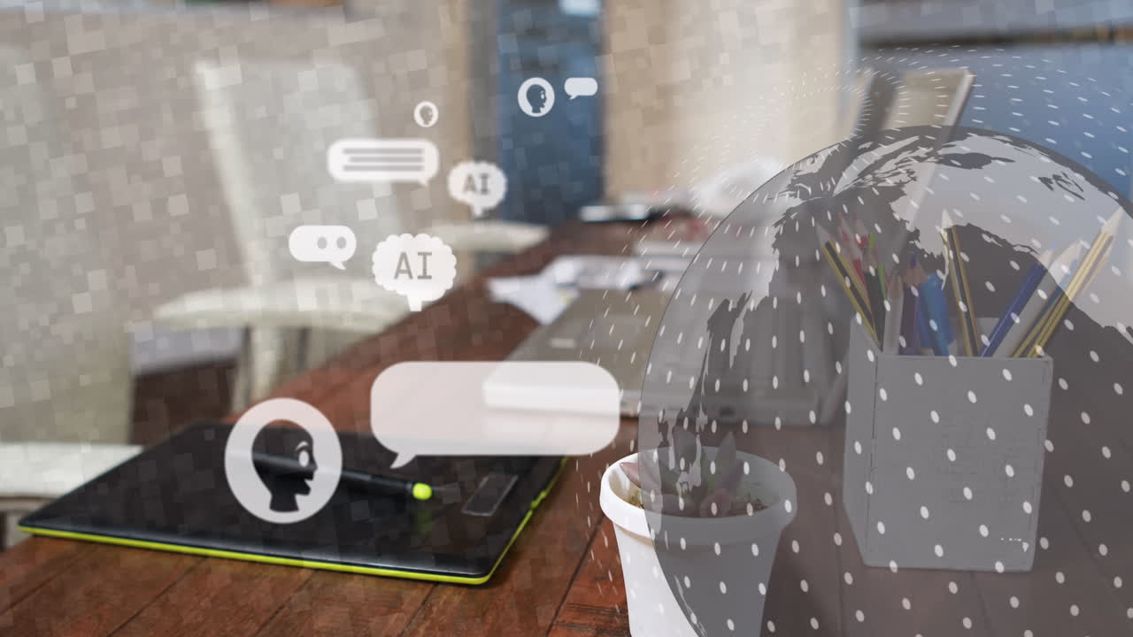 animación de ai chat y globo sobre portátil y tableta en la oficina