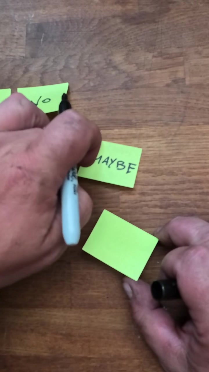Vertical hand writing messages on yellow sticky post-it note in brainstorming thought process goal