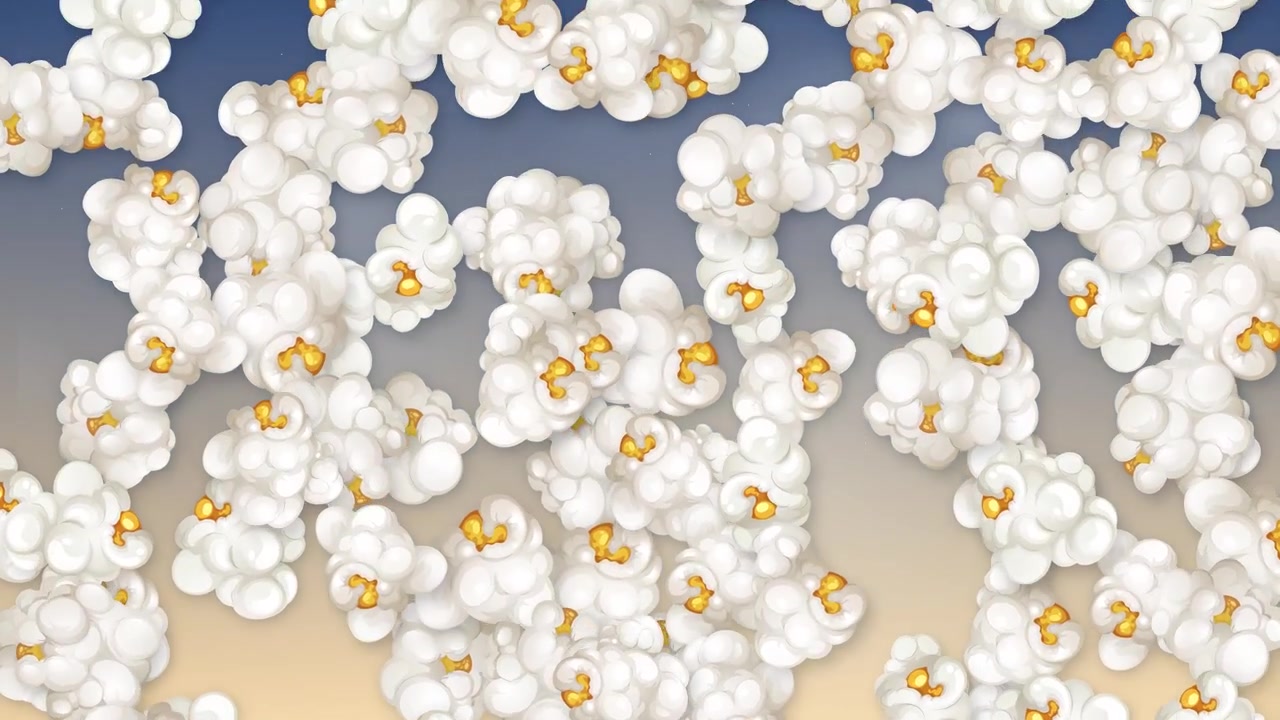 Chicchi di popcorn animati cadono continuamente su uno sfondo sfumato delicato blu e beige.
