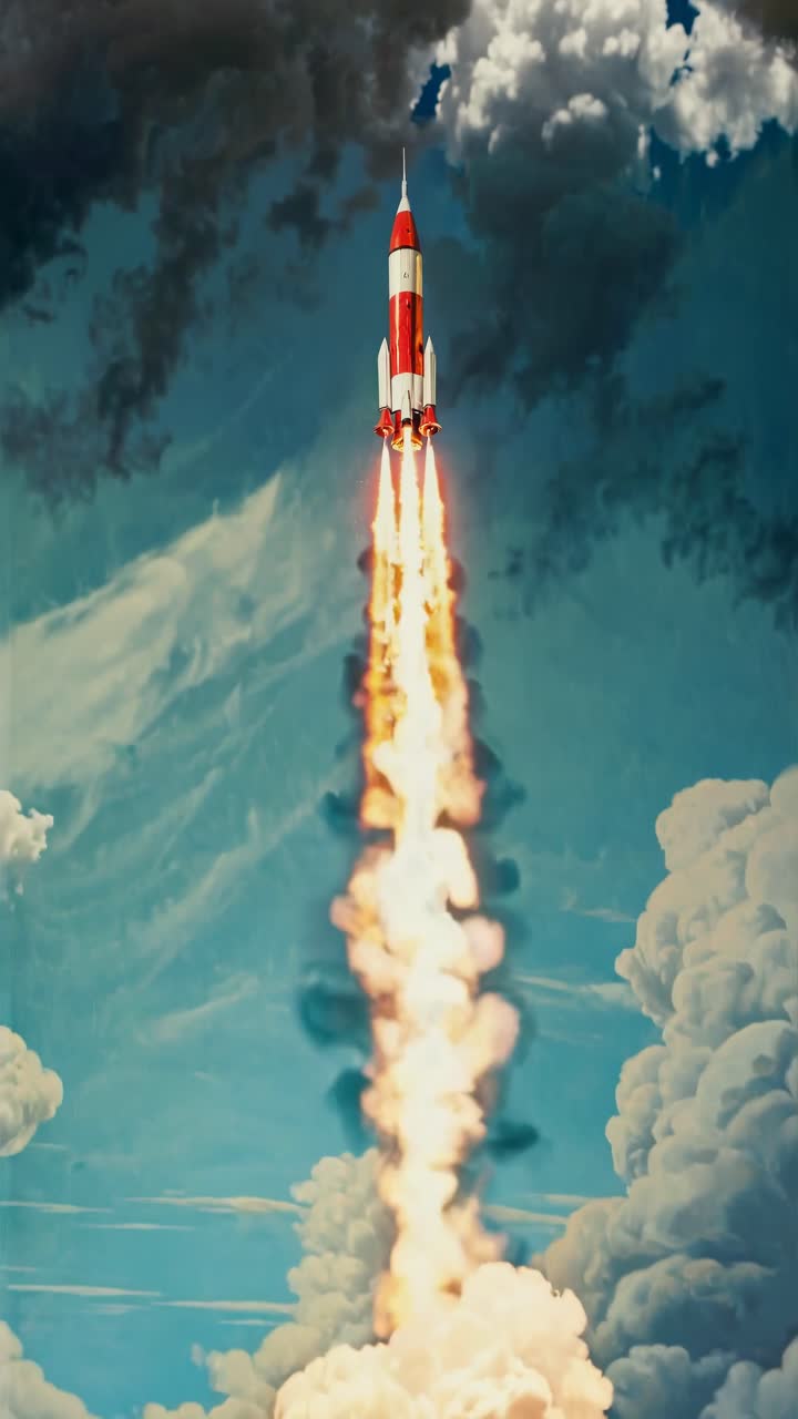 A dynamic upward angle captures a rocket launching into a vibrant sky, evoking a cinematic video