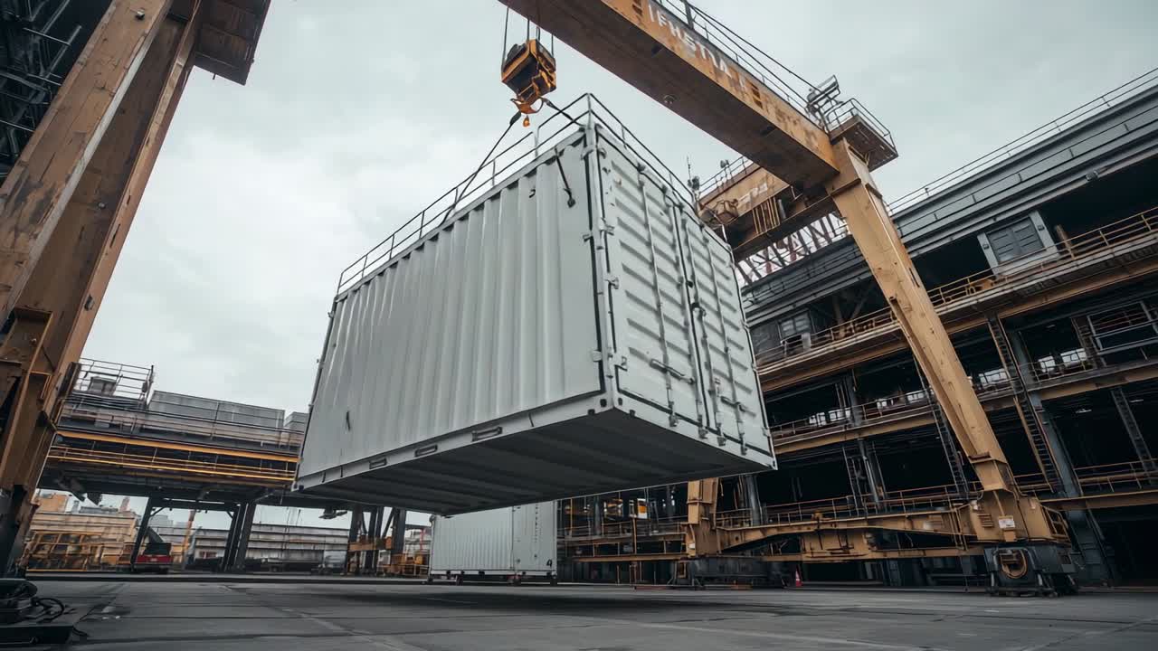 Sænker hvid container til betonplads, efter at krogen har grebet fat, ved hjælp af gul portalkran og kabler.